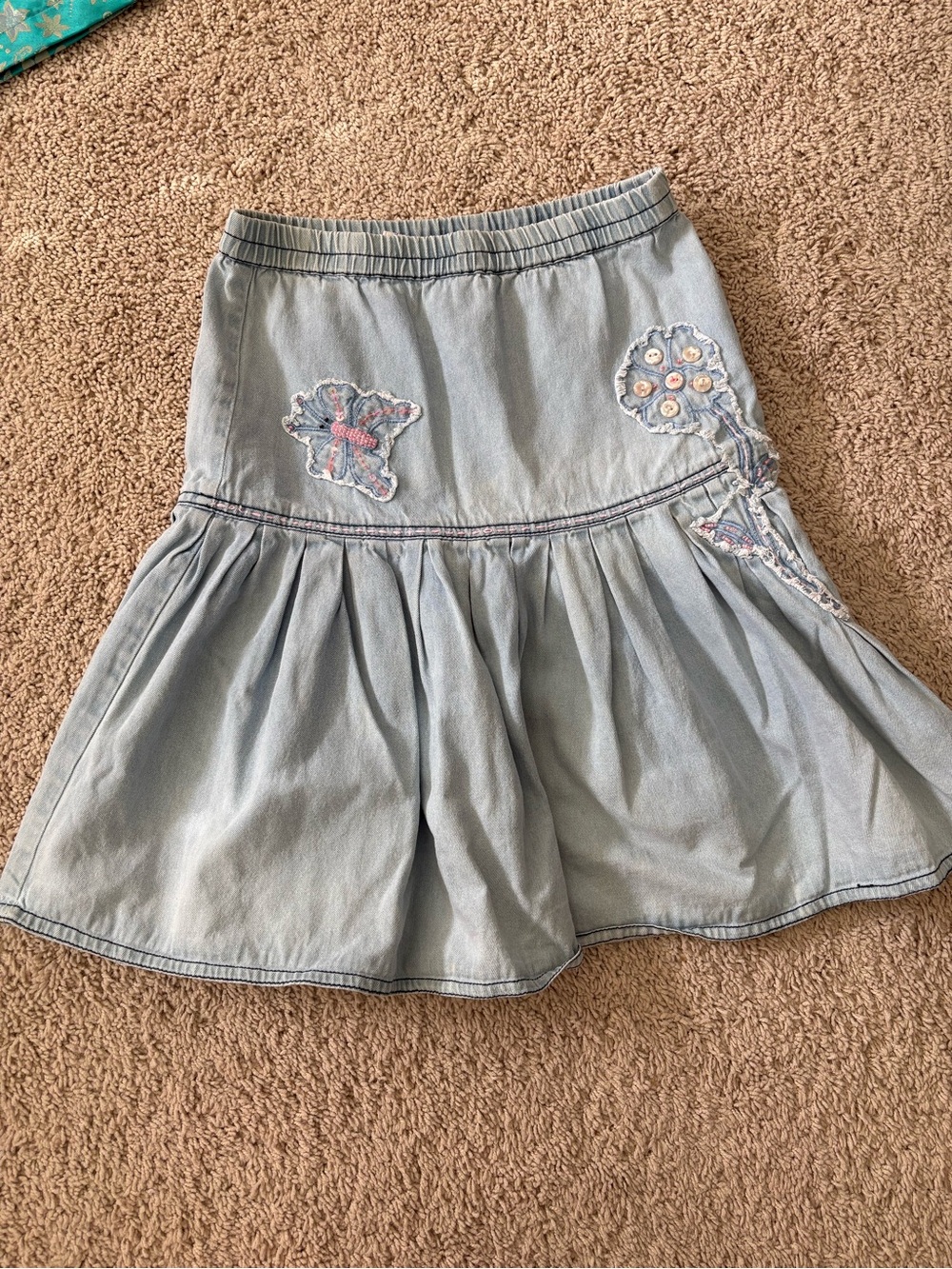 April Cornell Light Blue Embroidered Denim Circle Skirt